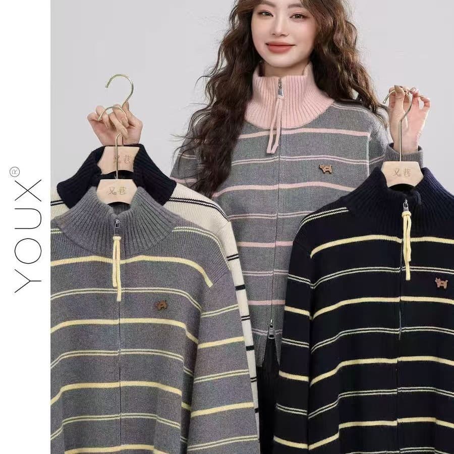 다시 레인 회색 황색 제직 라임 25 겨울 새로운 터틀넥 스트라이프 스웨터 여성 코트 루즈핏 캐주얼 출퇴근 착용 가져 가라. 이미지 5