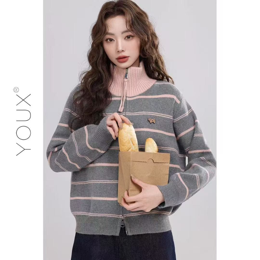 다시 레인 회색 황색 제직 라임 25 겨울 새로운 터틀넥 스트라이프 스웨터 여성 코트 루즈핏 캐주얼 출퇴근 착용 가져 가라. 상세 이미지 2