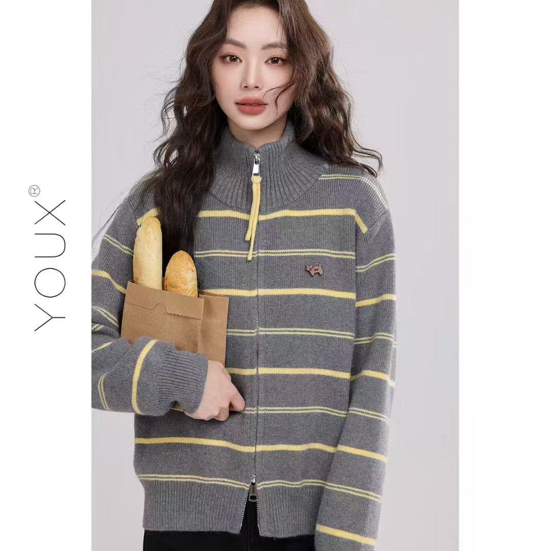 다시 레인 회색 황색 제직 라임 25 겨울 새로운 터틀넥 스트라이프 스웨터 여성 코트 루즈핏 캐주얼 출퇴근 착용 가져 가라. 상세 이미지 3