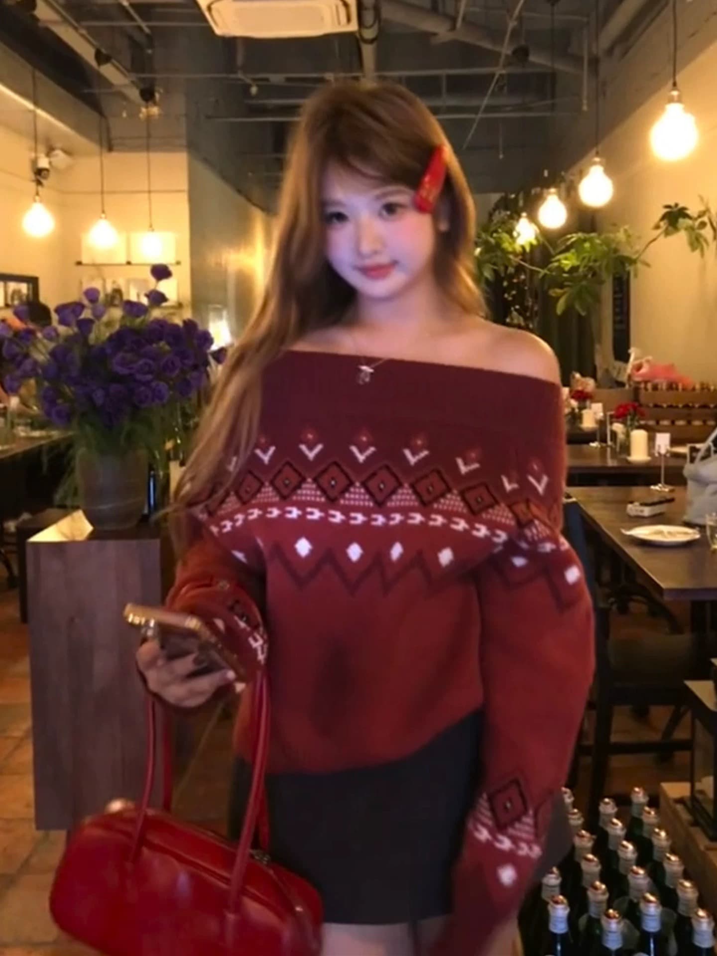 레드 맨 파빌리온 공정한 섬 스웨터 여자 가을 겨울 느긋한 고급 센스 풀오버 오프숄더 맨위 오프숄더 회색 니트 스웨터 이미지 3
