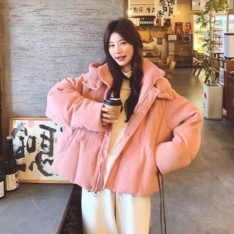 2026 슈퍼 잘 생긴 ~ 중 한 부서 코듀로이 스탠드 칼라 후드 아래 면화 의류 여자 겨울 루즈핏 재킷 이미지 4