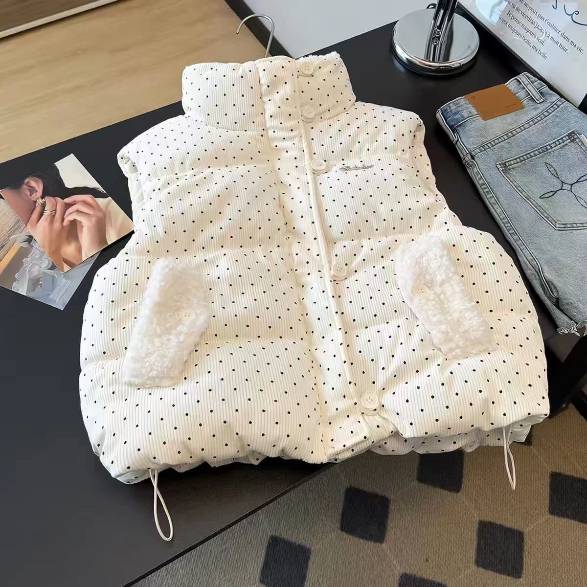 가을 겨울철 한국 스타일 다용도 달콤함 도트 무늬 면 의류 베스트 작은 키 일본식 보온 패션 민소매 어깨 상세 이미지 5