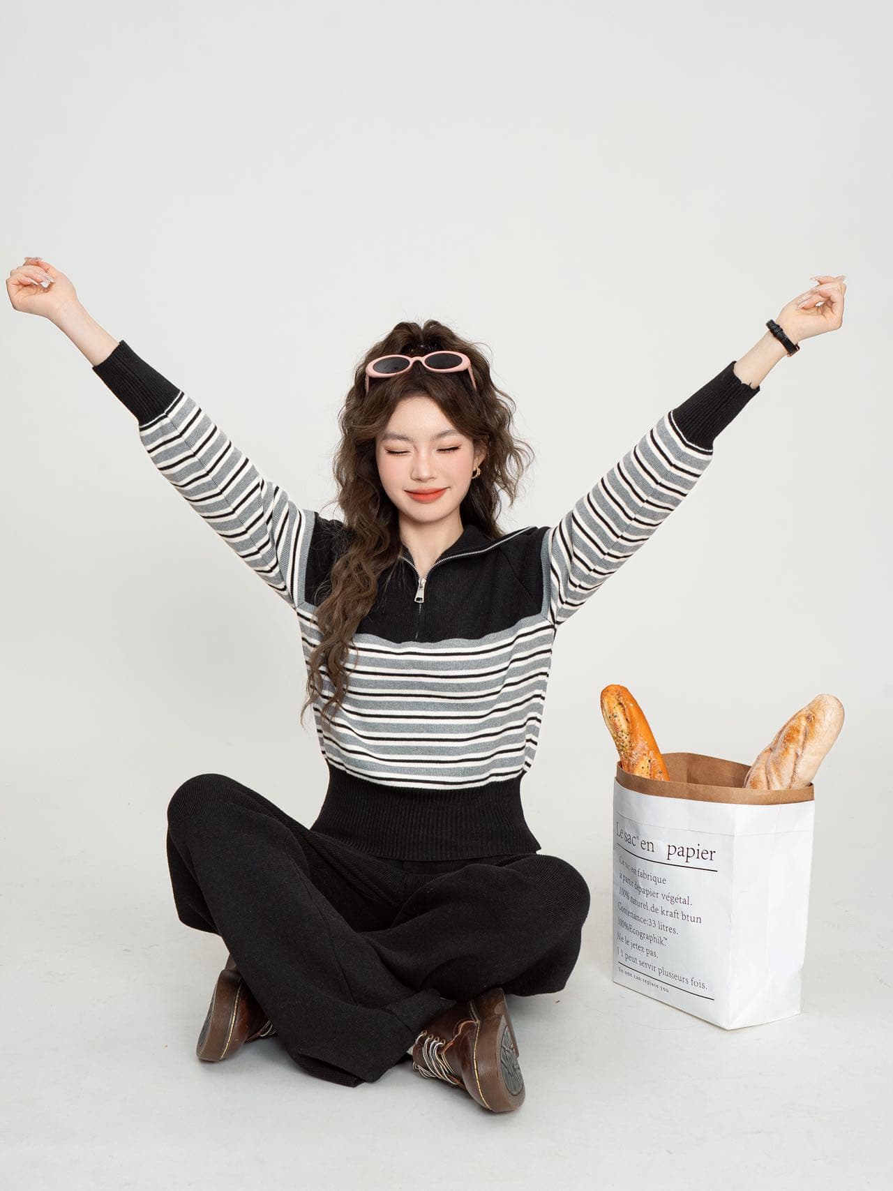 실사 스트라이프 폴로 칼라 하프 지퍼 스웨터 여자 새로운 루즈핏 느긋한 풀오버 니트 스웨터 맨위 와이드 레그 팬츠 이미지 3