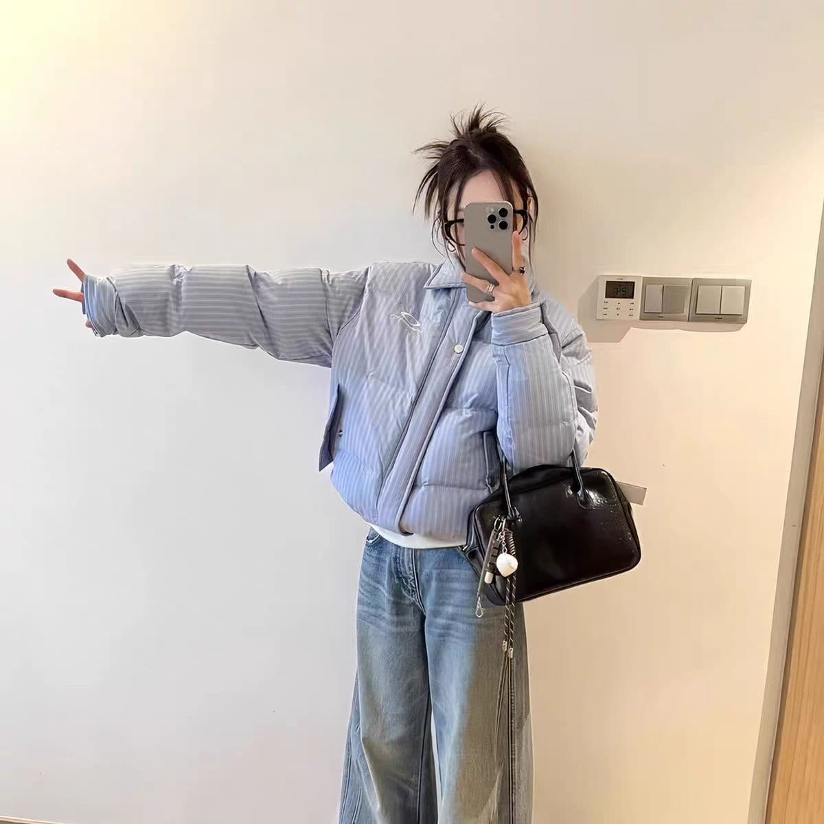 아메리칸 레트로 쇼트 스타일 스트라이프 다운 목화 진딧물 여성 겨울 2026 년 자이언트 잘 생긴 슈퍼 화재 외국 가스 작은 키 패딩 재킷 이미지 3