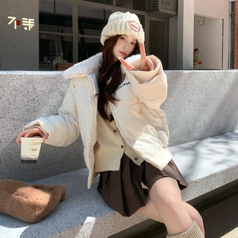 실사 아메리칸 어린 양 모피 칼라 쇼트 스타일 면 의류 재킷 여성 겨울 2026 새로운 작은 키 패딩 재킷 두꺼운 두꺼운 이미지 2