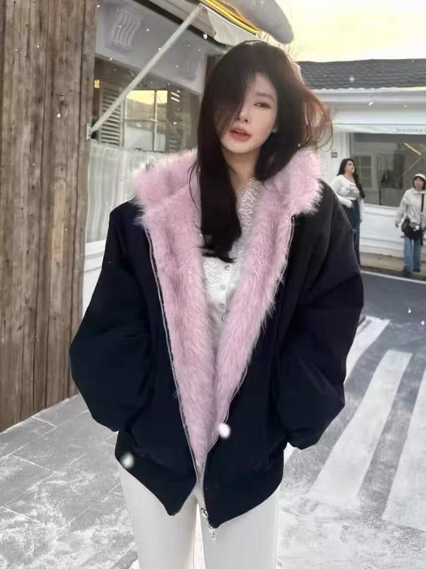 아메리칸 레트로 좌 산 조각 양면 착용 재킷 여성 겨울 고급 센스 피모 하나 환경 보호 모피 플리스 플러시 면 옷