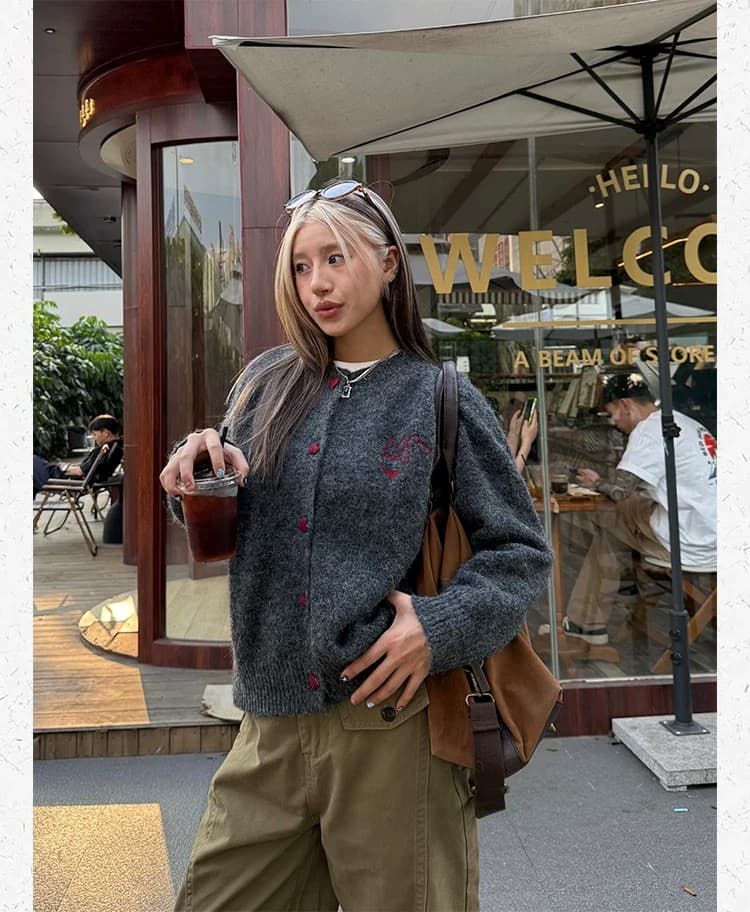 아메리칸 레트로 느긋한 바람 니트 스웨터 오픈 가디건 여성 가을 새로운 단추 라운드 넥 재킷 상세 이미지 16