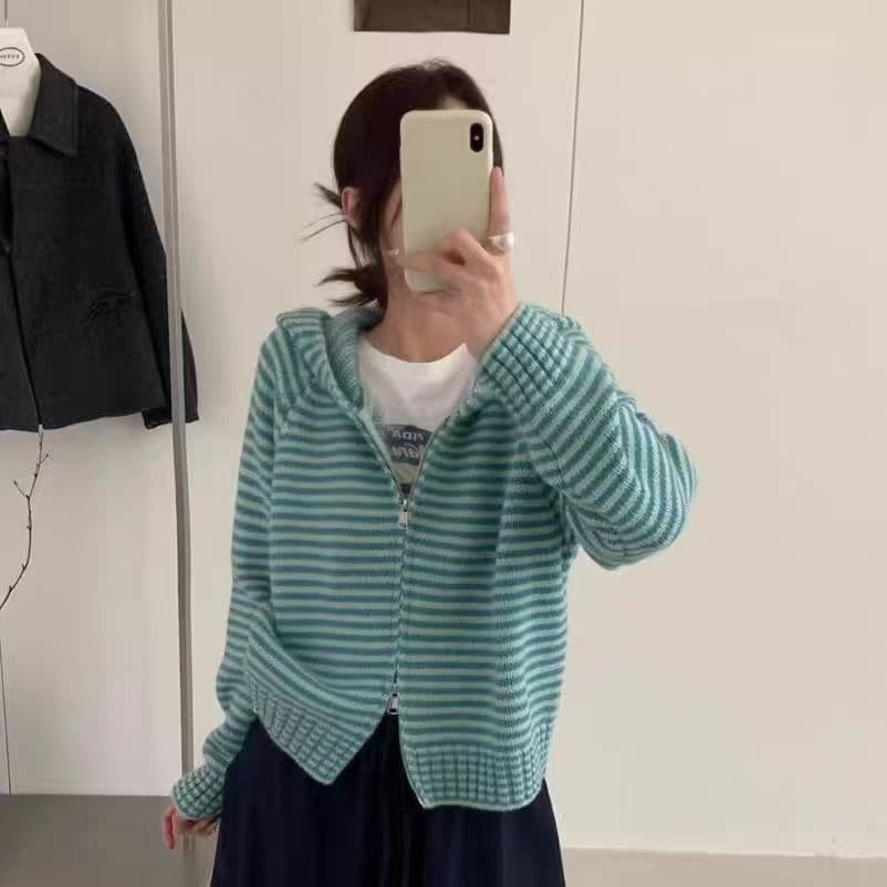 한 부서 배색 스트라이프 지퍼 후드 니트 오픈 가디건 가을 겨울철 새로운 루즈핏 느긋한 스웨터 맨위 여성 코트 상세 이미지 2