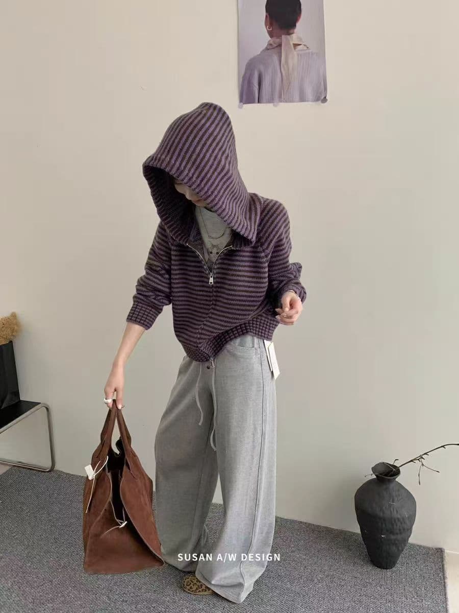 한 부서 배색 스트라이프 지퍼 후드 니트 오픈 가디건 가을 겨울철 새로운 루즈핏 느긋한 스웨터 맨위 여성 코트 상세 이미지 11