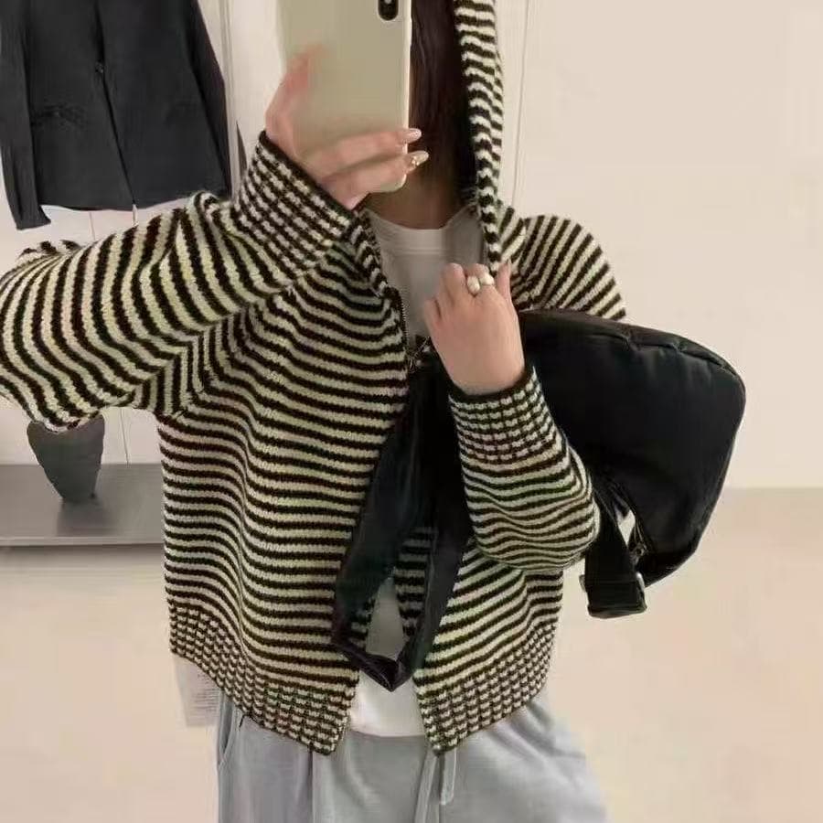 한 부서 배색 스트라이프 지퍼 후드 니트 오픈 가디건 가을 겨울철 새로운 루즈핏 느긋한 스웨터 맨위 여성 코트 상세 이미지 12