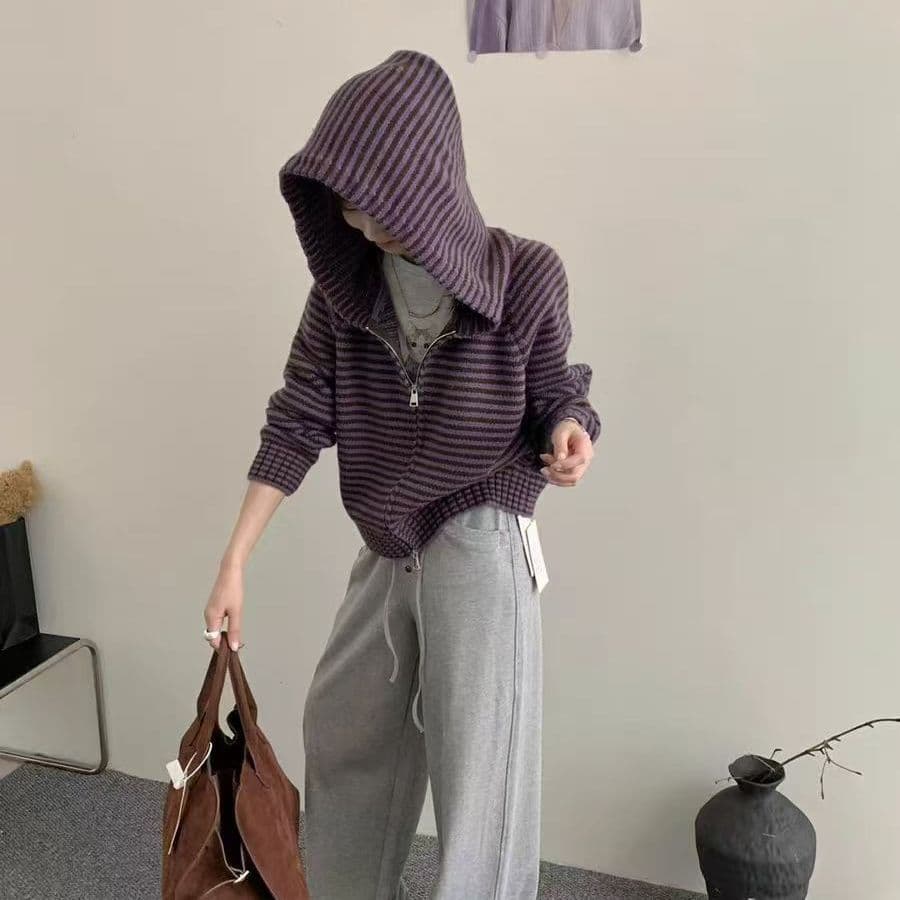 한 부서 배색 스트라이프 지퍼 후드 니트 오픈 가디건 가을 겨울철 새로운 루즈핏 느긋한 스웨터 맨위 여성 코트 상세 이미지 18