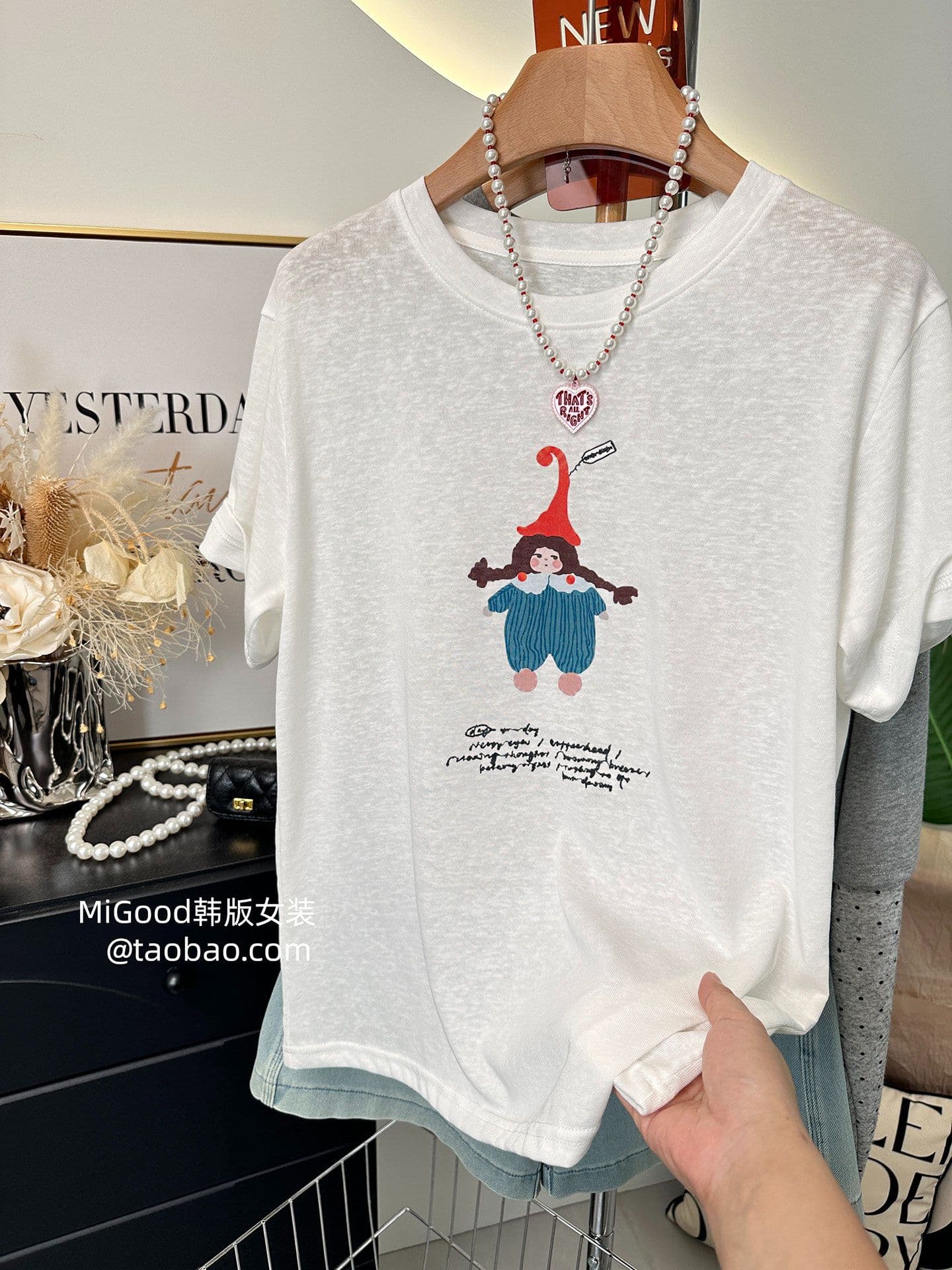 눈꽃 면 특별 빅 사이즈 300 근 한 부서 빨간 모자 소녀 프린트 루즈핏 눈꽃 면 티셔츠 여성 여름 상세 이미지 6