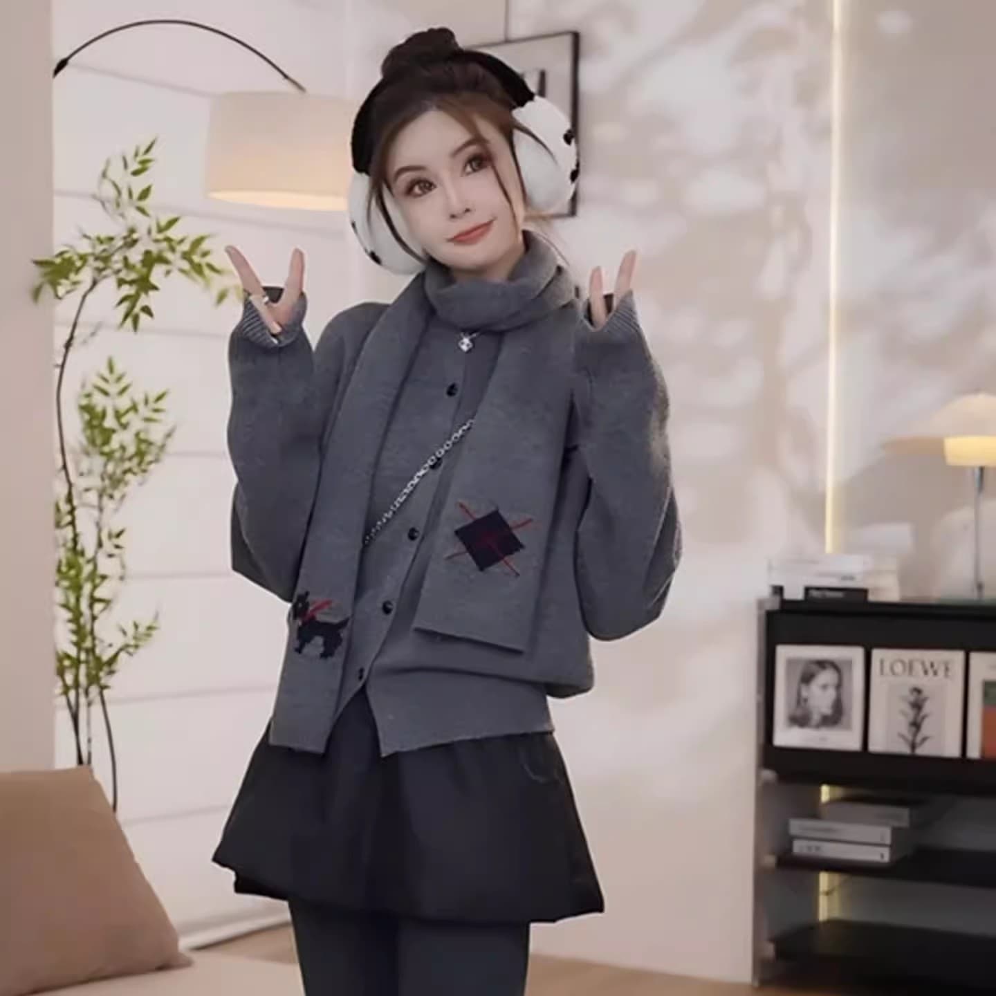 새해 로브 신년 빨간색 스웨터 세트 여성 가을 겨울철 착용 가져 가라. 전체 집합 스카프 니트 오픈 가디건 투피스 세트 이미지 4