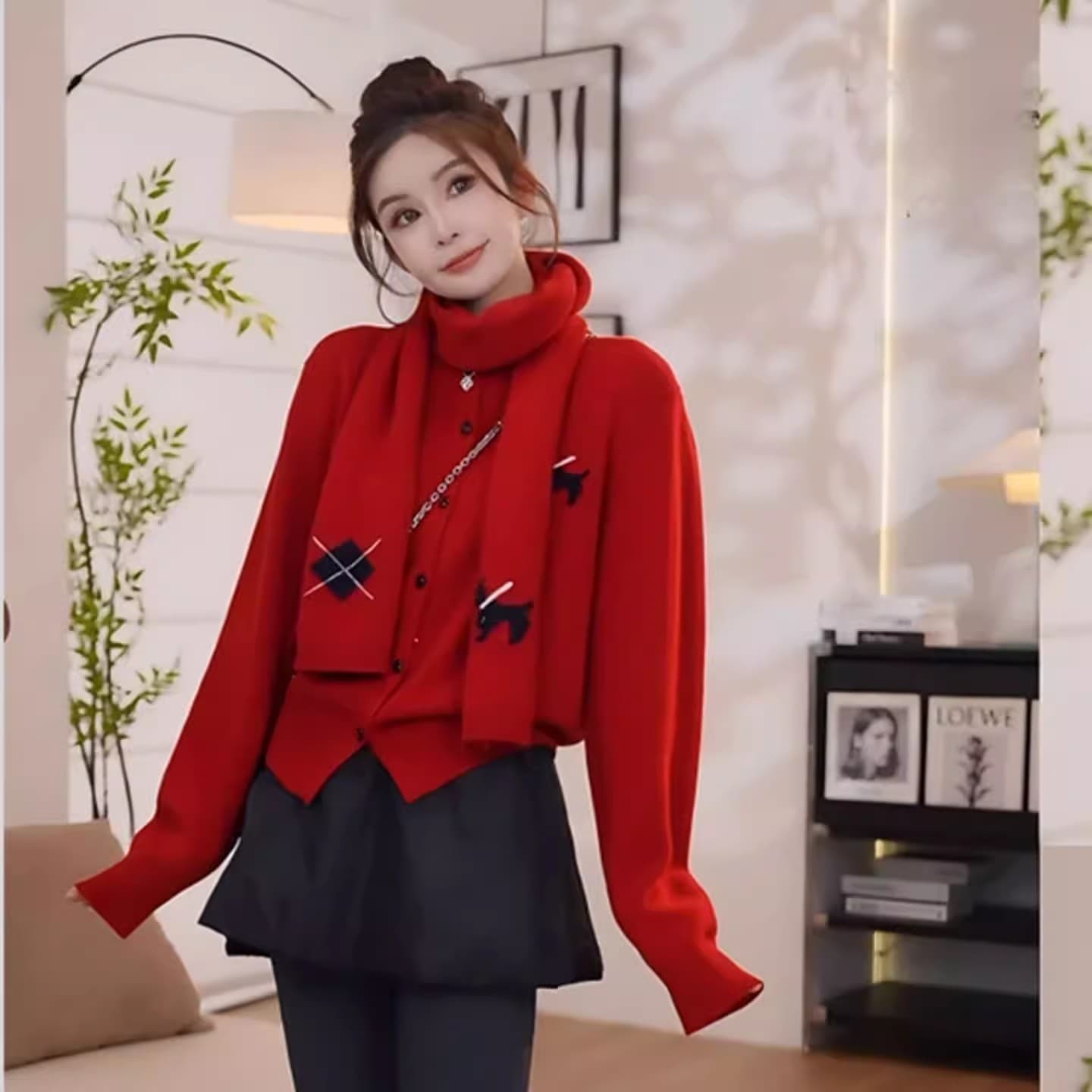 새해 로브 신년 빨간색 스웨터 세트 여성 가을 겨울철 착용 가져 가라. 전체 집합 스카프 니트 오픈 가디건 투피스 세트 상세 이미지 1