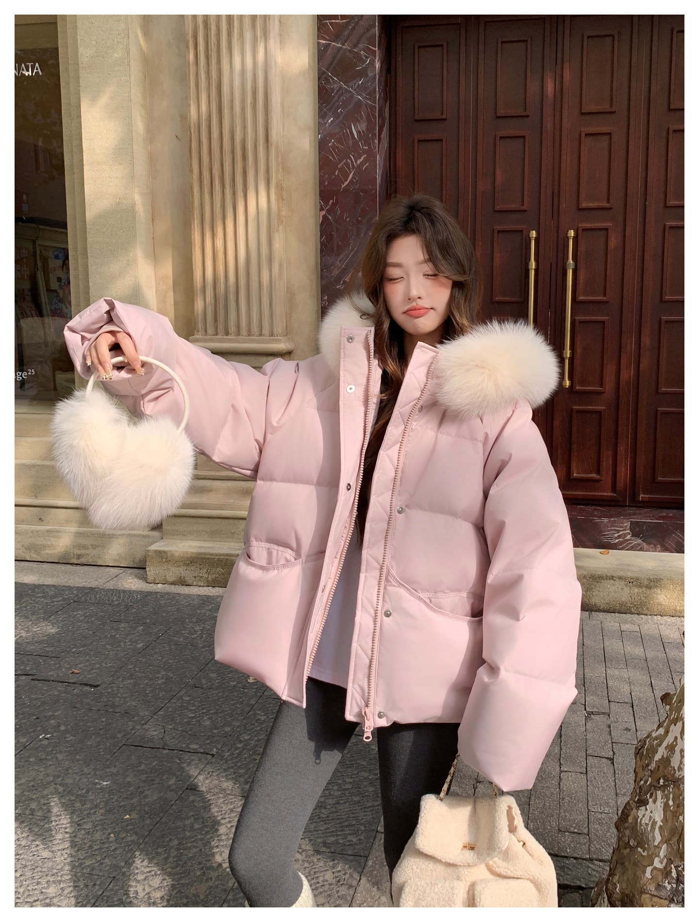큰 모피 칼라 핑크색 후드 아래 면화 의류 여성 겨울 새로운 작은 키 달콤함 보온 클립 목화 진딧물 두꺼운 재킷 상세 이미지 12