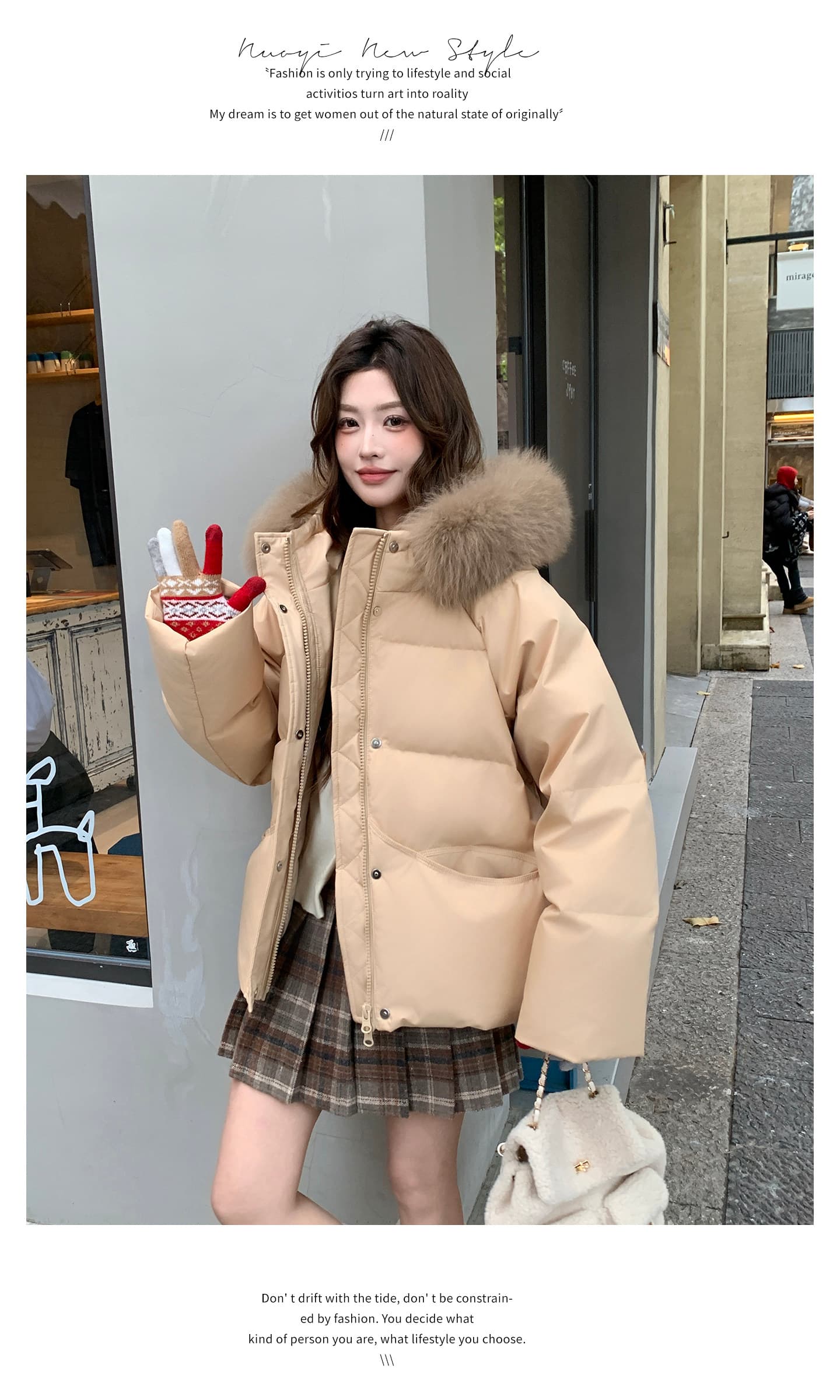 큰 모피 칼라 핑크색 후드 아래 면화 의류 여성 겨울 새로운 작은 키 달콤함 보온 클립 목화 진딧물 두꺼운 재킷 상세 이미지 23