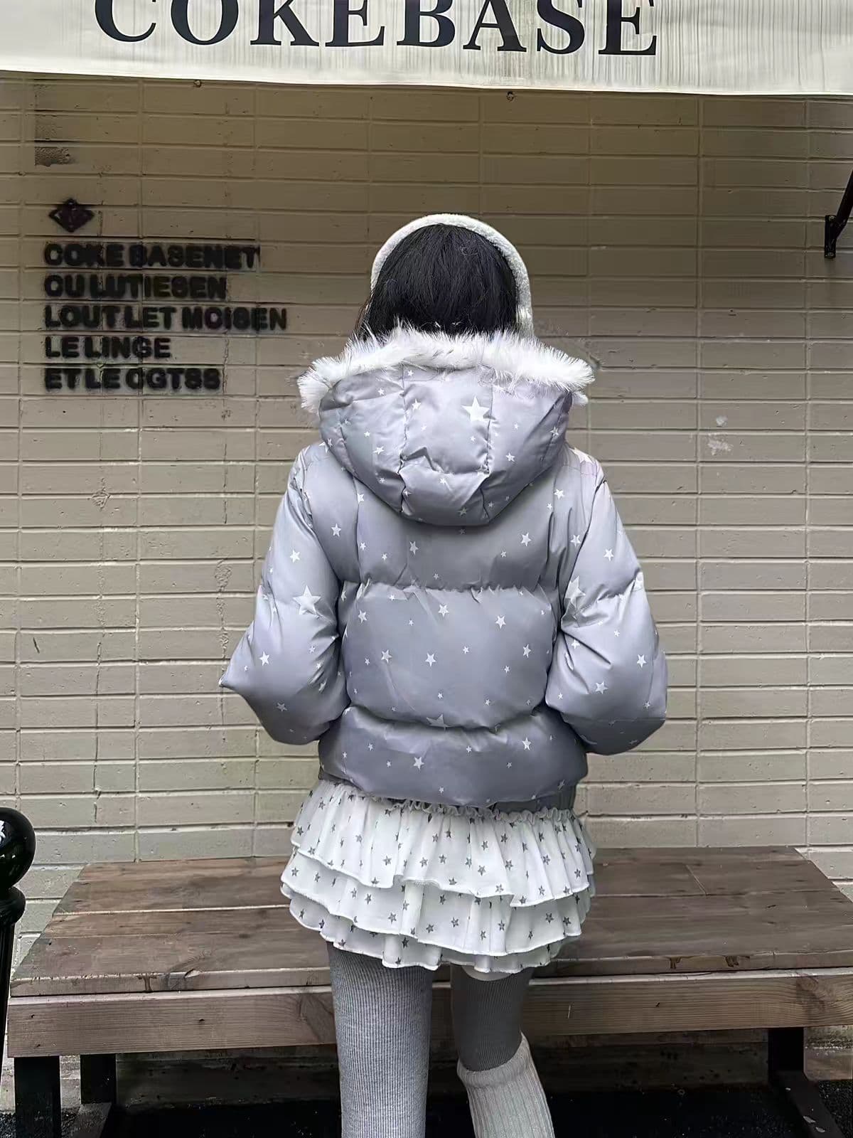 카레 사람들 겨울 귀여운 별 프린트 모피 칼라 후드 면 의류 여성 코트 새로운 두꺼운 보온 맨위 일본과 한국 상세 이미지 9