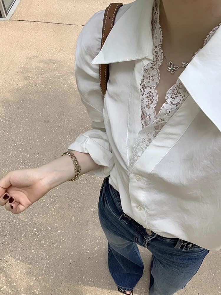 레이스 긴팔 폴로 칼라 디자인 센스 화이트 셔츠 높음 지혜 바람 레트로 스택 착용 다용도 슬림해 보이는 허리 수축 외출용 맨위 이미지 3