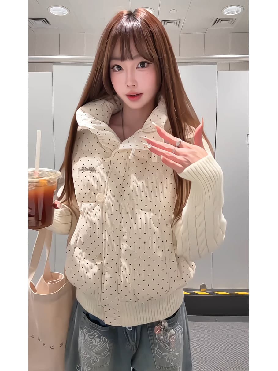 한 부서 달콤함 도트 무늬 니트 패치워크 긴팔 면 의류 여성 코트 겨울 루즈핏 두꺼운 쇼트 스타일 보온 패딩 재킷 상세 이미지 2