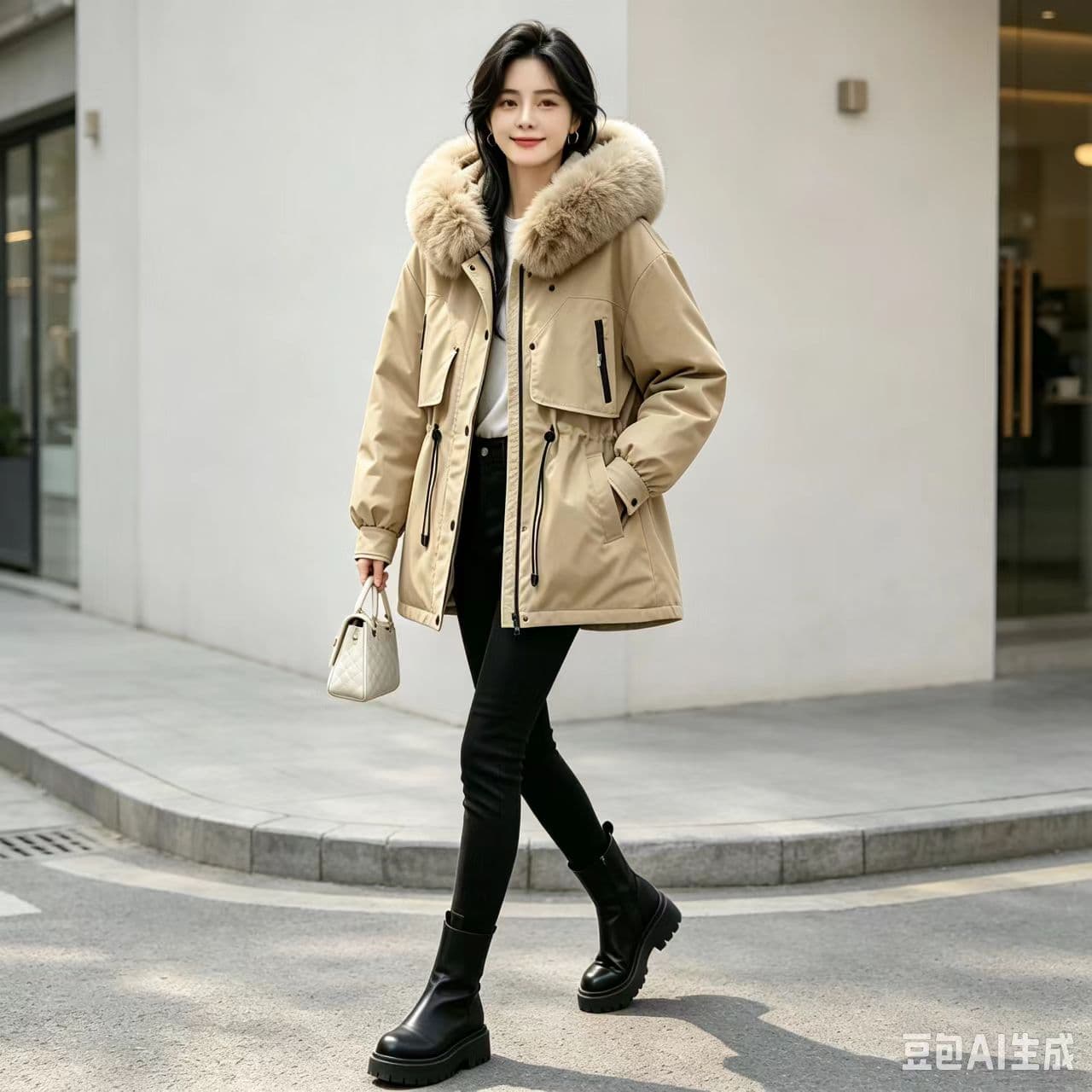 겨울 큰 모피 칼라 Parker 다운 재킷 여성 펌프 로프 허리 수축 슬림해 보이는 두꺼운 쇼트 스타일 워크웨어 재킷 상세 이미지 3