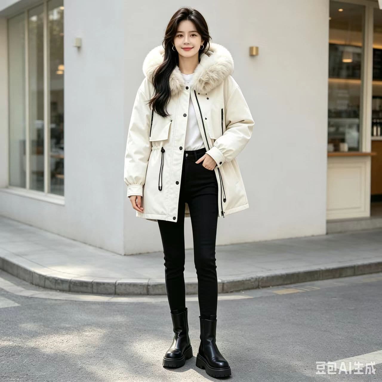 겨울 큰 모피 칼라 Parker 다운 재킷 여성 펌프 로프 허리 수축 슬림해 보이는 두꺼운 쇼트 스타일 워크웨어 재킷 상세 이미지 6