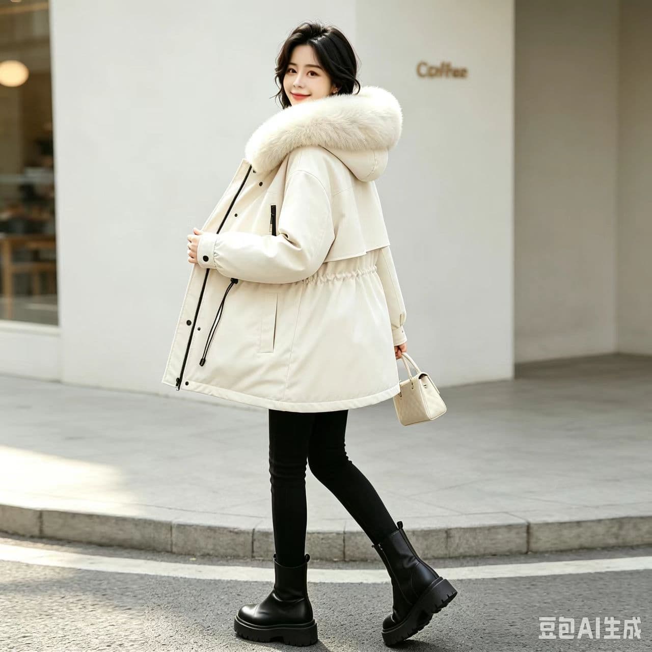 겨울 큰 모피 칼라 Parker 다운 재킷 여성 펌프 로프 허리 수축 슬림해 보이는 두꺼운 쇼트 스타일 워크웨어 재킷 상세 이미지 7
