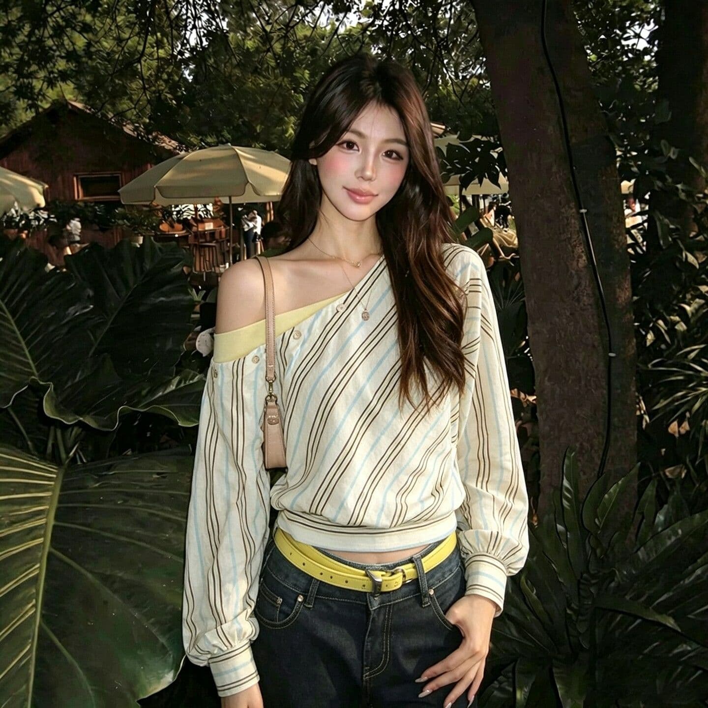 레트로 배색 스트라이프 비스듬한 어깨 긴팔 티셔츠 여성 2026 가을 새로운 페이크 레이어드 허리 수축 인사이드 가져 가라. 만나는 맨위 상세 이미지 6