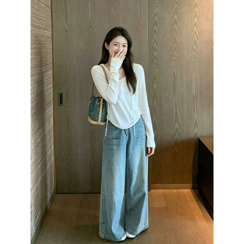 눈꽃 면 달콤한 스타일 V넥 프릴 레이스업 티셔츠 여성 디자인 센스 작은 대중 다용도 루즈핏 슬림해 보이는 맨위 여름 이미지 5