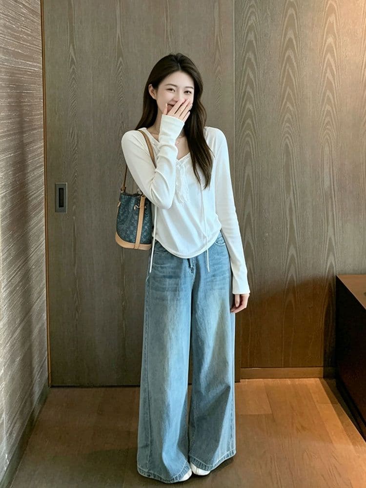 눈꽃 면 달콤한 스타일 V넥 프릴 레이스업 티셔츠 여성 디자인 센스 작은 대중 다용도 루즈핏 슬림해 보이는 맨위 여름 상세 이미지 5