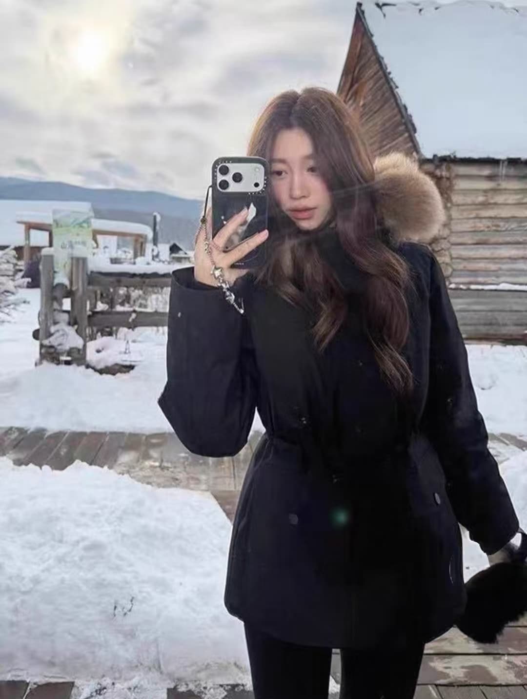 겨울 큰 모피 칼라 Parker 서비스 여성 허리 수축 슬림해 보이는 중간 길이 면 의류 흑인과 백인 둘 색상 보온 두꺼운 워크웨어 재킷 상세 이미지 7