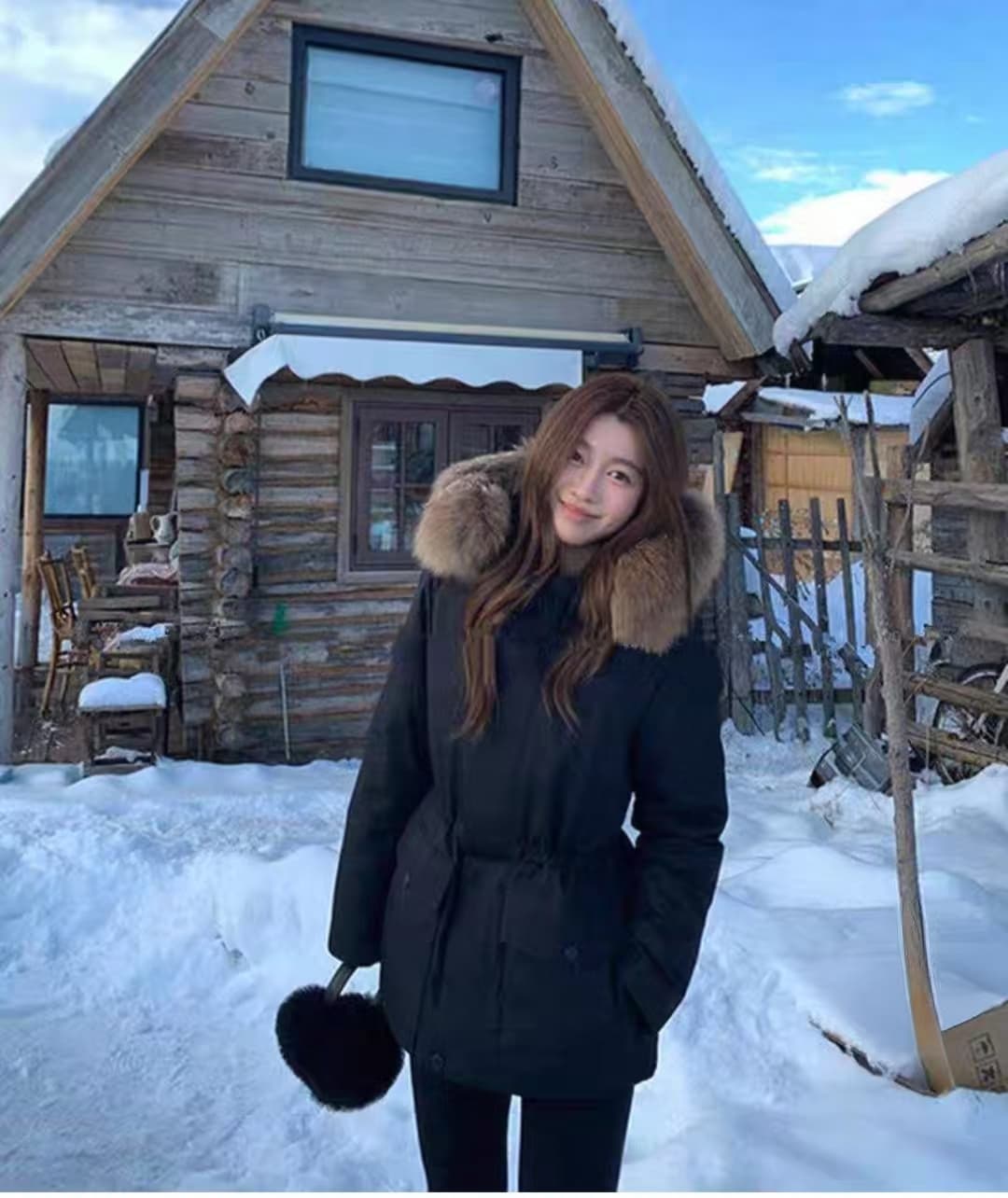 겨울 큰 모피 칼라 Parker 서비스 여성 허리 수축 슬림해 보이는 중간 길이 면 의류 흑인과 백인 둘 색상 보온 두꺼운 워크웨어 재킷 상세 이미지 8