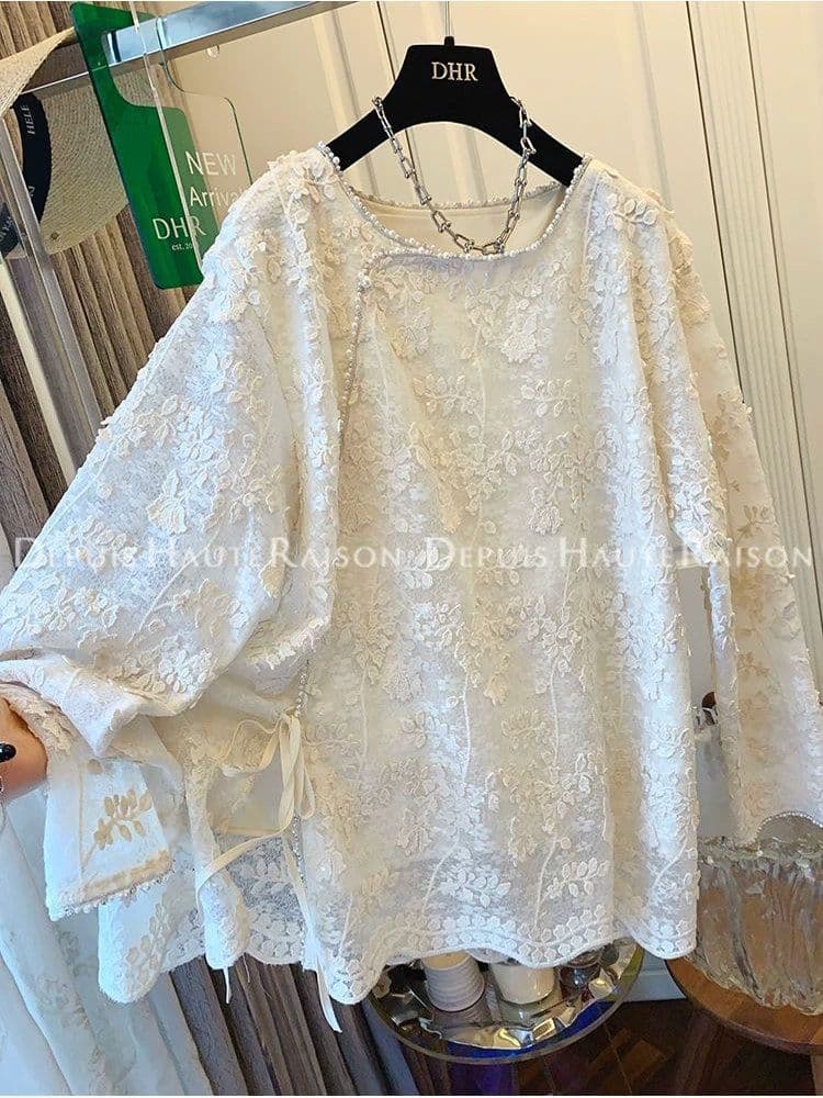순수한 원본 있음 네리 작은 대중 Chic 고급 센스 레트로 새로운 중식 긴팔 여성 셔츠 빅 사이즈 라운드 넥 켜기 이미지 3