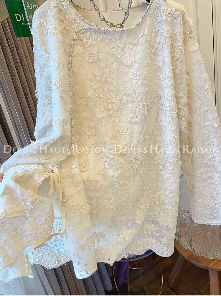 순수한 원본 있음 네리 작은 대중 Chic 고급 센스 레트로 새로운 중식 긴팔 여성 셔츠 빅 사이즈 라운드 넥 켜기 상세 이미지 3