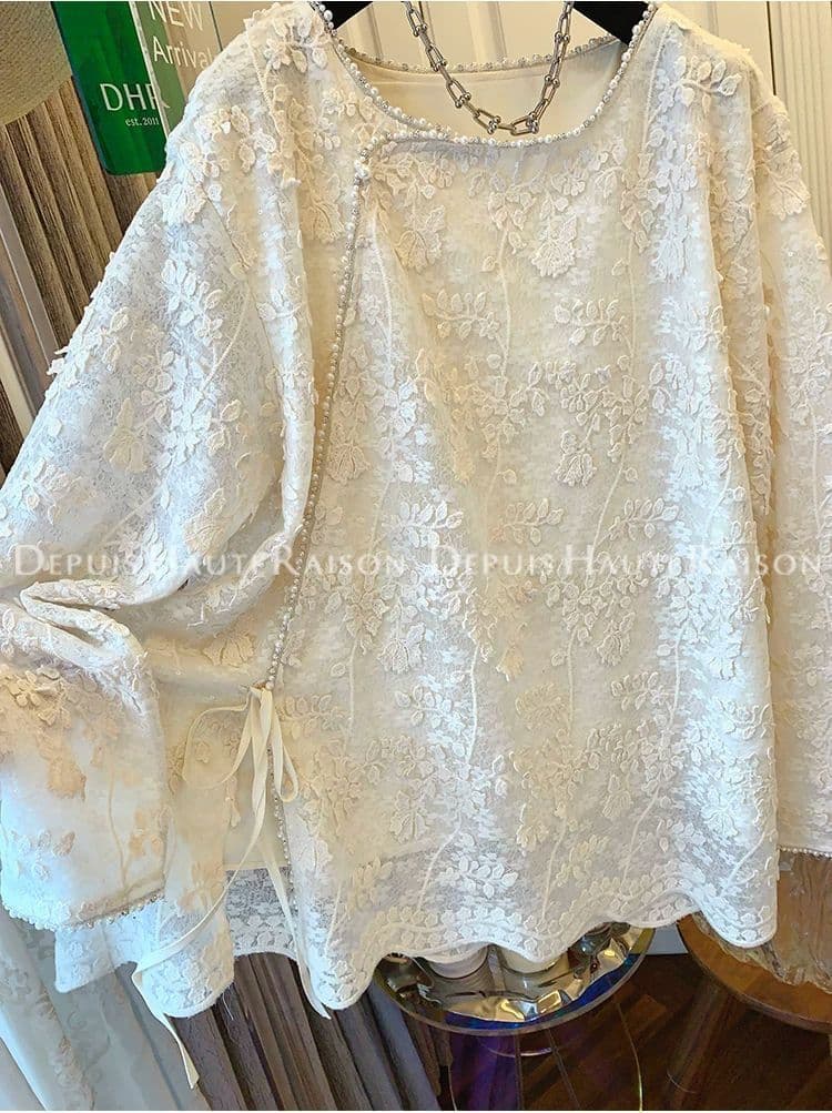 순수한 원본 있음 네리 작은 대중 Chic 고급 센스 레트로 새로운 중식 긴팔 여성 셔츠 빅 사이즈 라운드 넥 켜기 상세 이미지 4