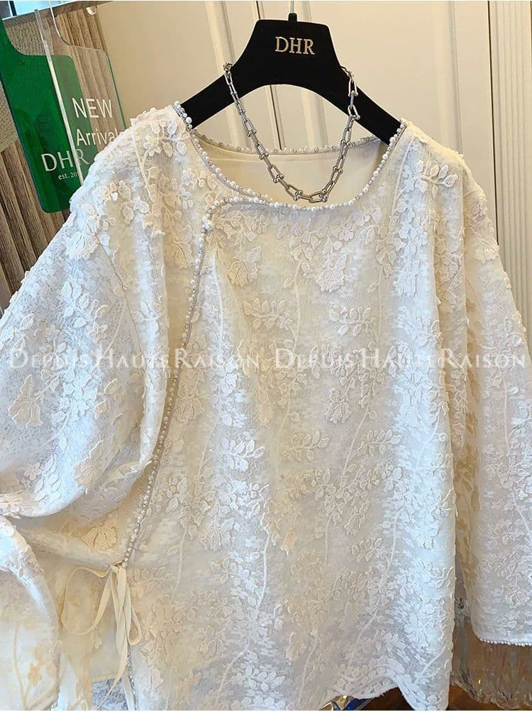 순수한 원본 있음 네리 작은 대중 Chic 고급 센스 레트로 새로운 중식 긴팔 여성 셔츠 빅 사이즈 라운드 넥 켜기 상세 이미지 6