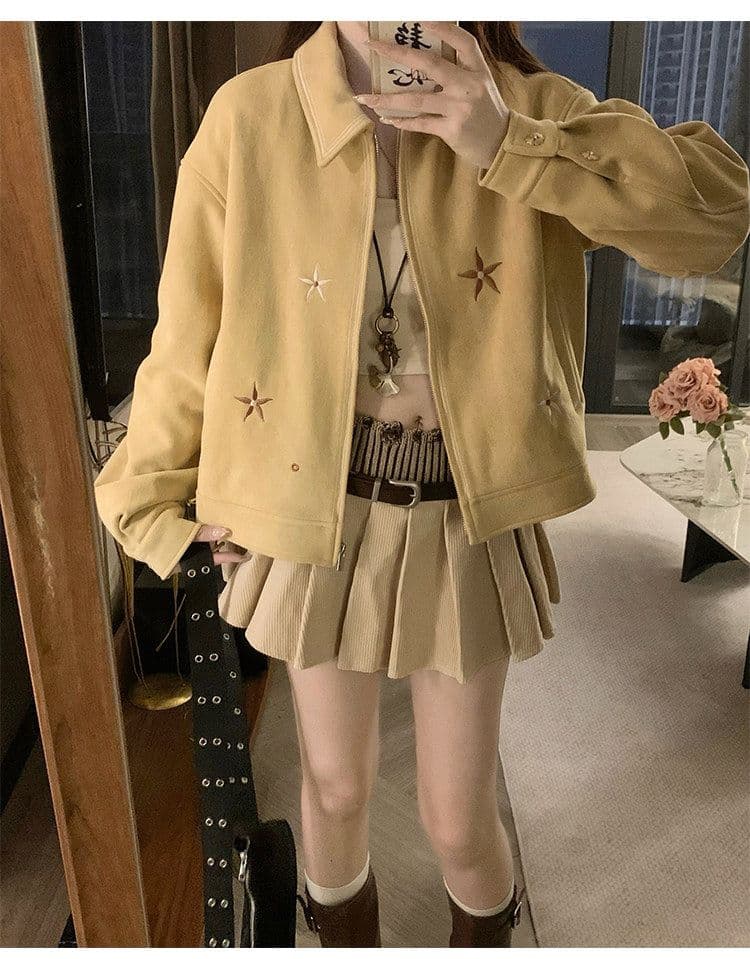 자이언트 잘 생긴 ~ 중 작은 키 스웨이드 원단 짧은 여성 코트 조기 가을 새로운 한 부서 캐주얼 자수 재킷 맨위 이미지 3