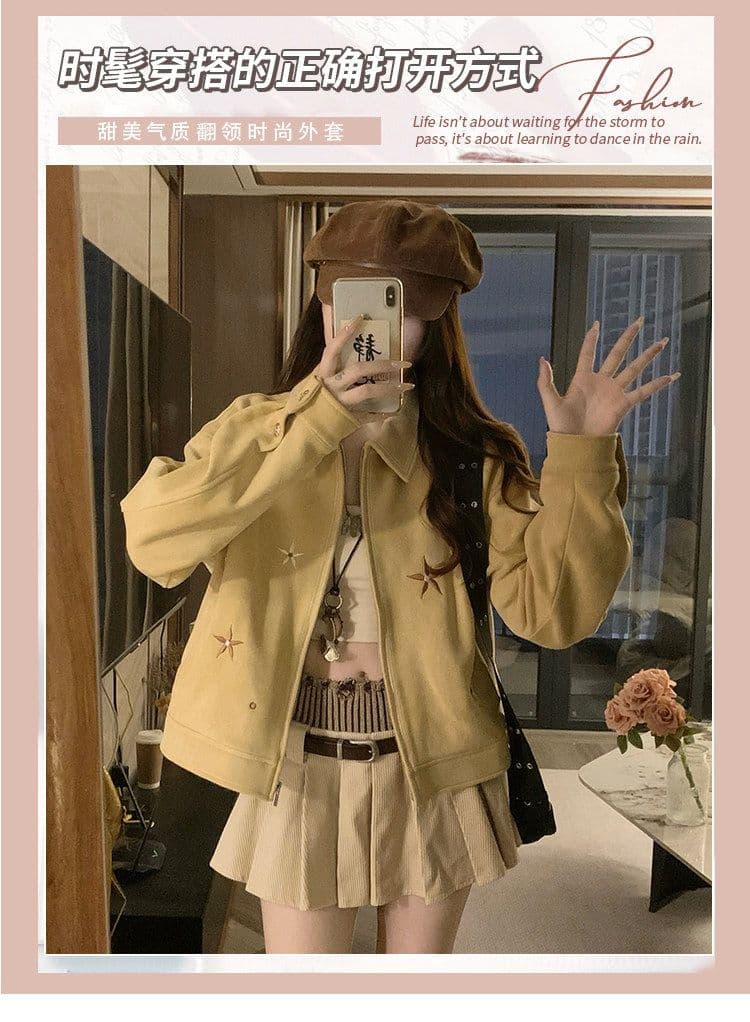 자이언트 잘 생긴 ~ 중 작은 키 스웨이드 원단 짧은 여성 코트 조기 가을 새로운 한 부서 캐주얼 자수 재킷 맨위 상세 이미지 1