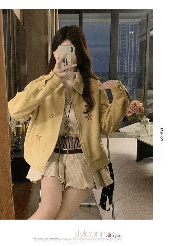 자이언트 잘 생긴 ~ 중 작은 키 스웨이드 원단 짧은 여성 코트 조기 가을 새로운 한 부서 캐주얼 자수 재킷 맨위 상세 이미지 10