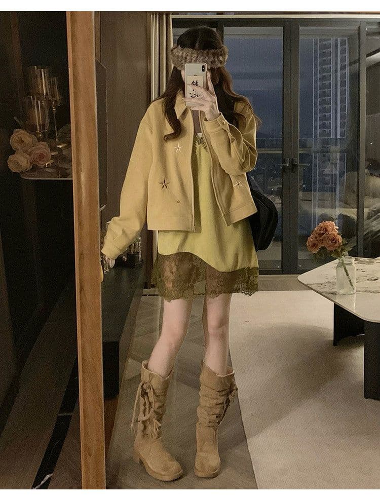 자이언트 잘 생긴 ~ 중 작은 키 스웨이드 원단 짧은 여성 코트 조기 가을 새로운 한 부서 캐주얼 자수 재킷 맨위 상세 이미지 14