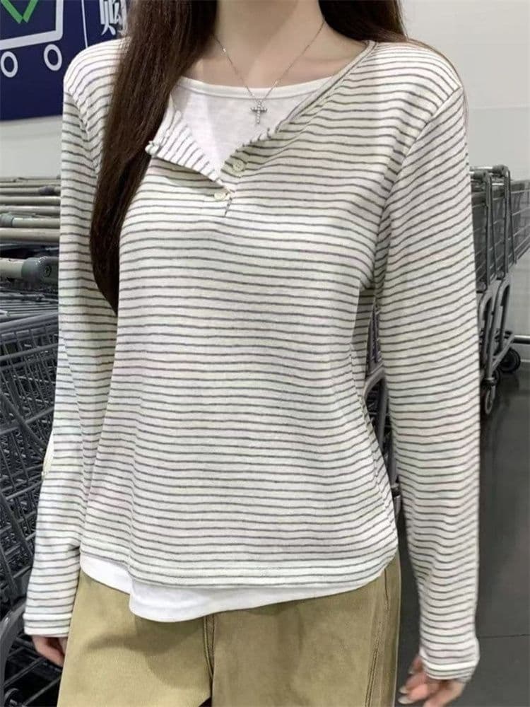 원본 광저우 원단 원본 솜씨 한 부서 헨리 칼라 페이크 레이어드 스트라이프 긴팔 맨위 이미지 4