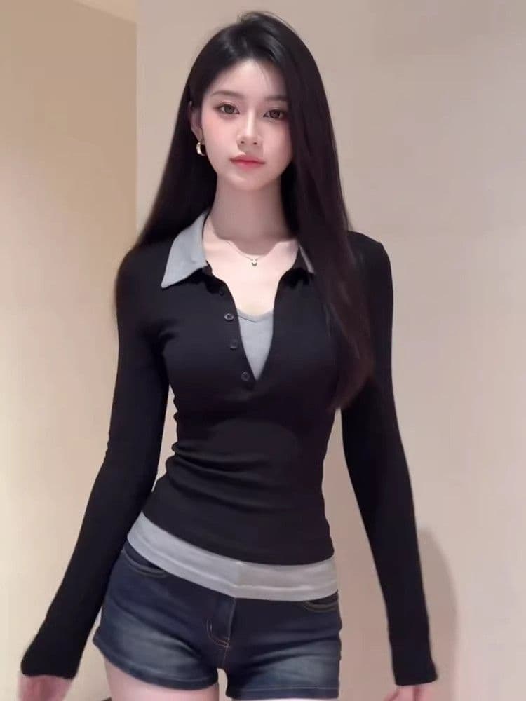 사람들 면 와 사고 방식 260 그램 한 부서 착용 가져 가라. 페이크 레이어드 POLO 칼라 티셔츠 여성 다용도 만나는 맨위 상세 이미지 1