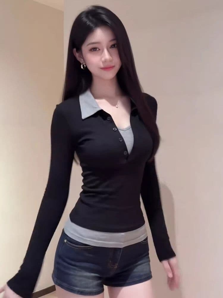 사람들 면 와 사고 방식 260 그램 한 부서 착용 가져 가라. 페이크 레이어드 POLO 칼라 티셔츠 여성 다용도 만나는 맨위 상세 이미지 4