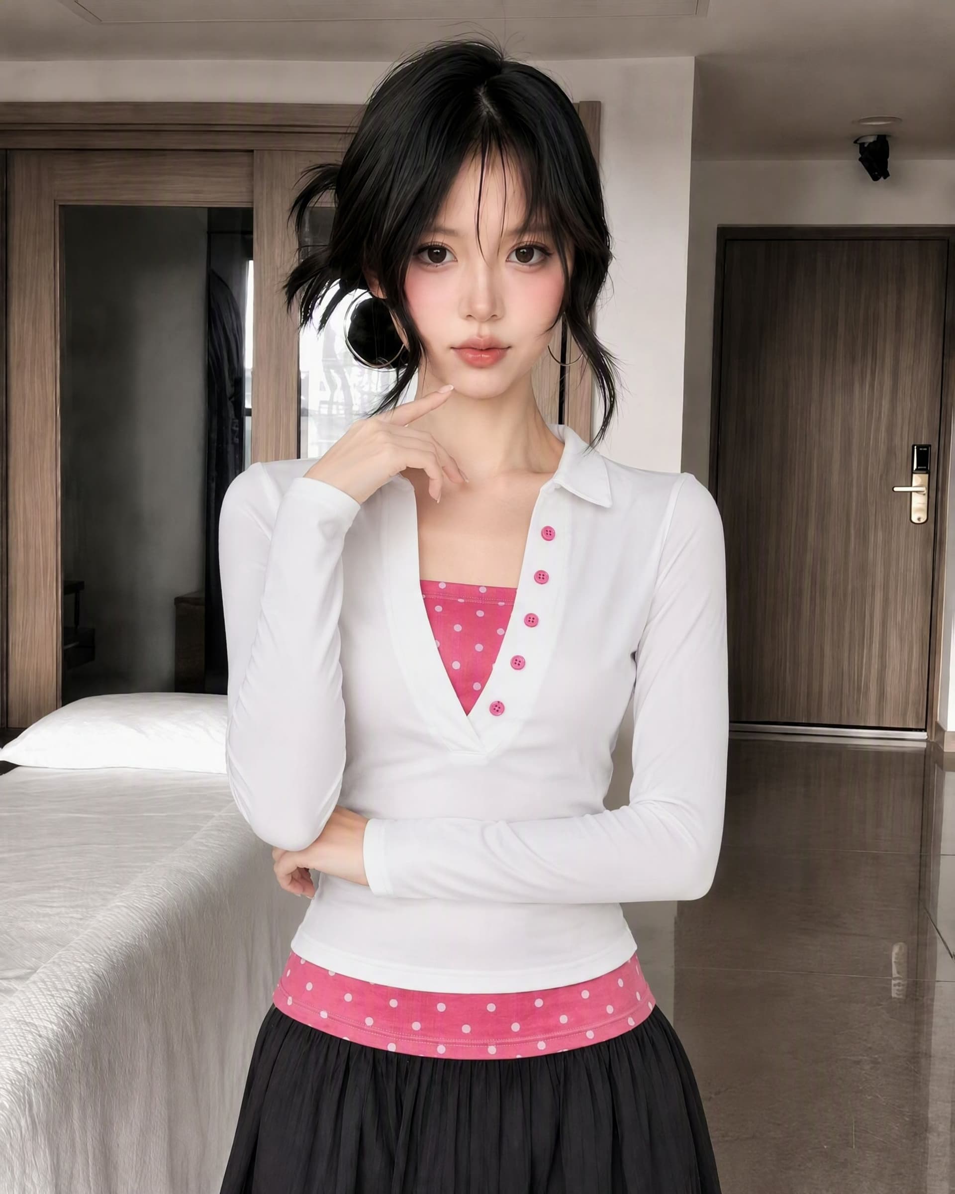 40 면 1 1 오스트리아 세대 서울 220 그램 아메리칸 핫걸 배색 도트 무늬 페이크 레이어드 긴팔 티셔츠 이미지 2