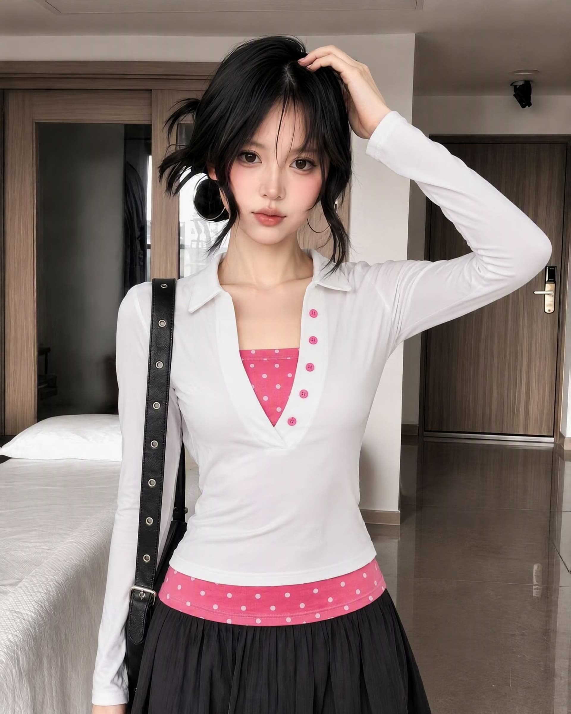 40 면 1 1 오스트리아 세대 서울 220 그램 아메리칸 핫걸 배색 도트 무늬 페이크 레이어드 긴팔 티셔츠 상세 이미지 3