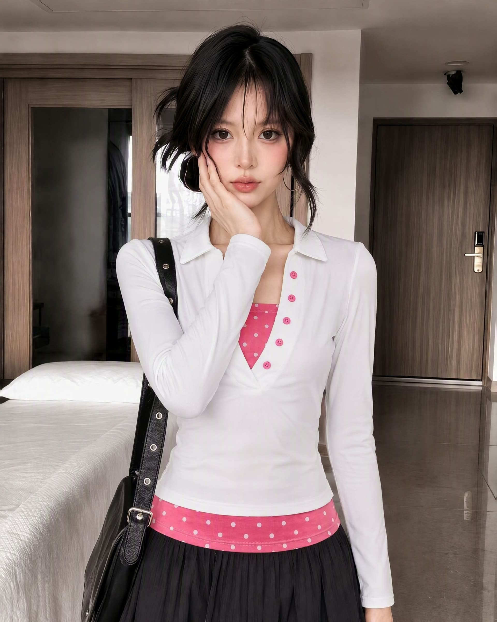 40 면 1 1 오스트리아 세대 서울 220 그램 아메리칸 핫걸 배색 도트 무늬 페이크 레이어드 긴팔 티셔츠 상세 이미지 4