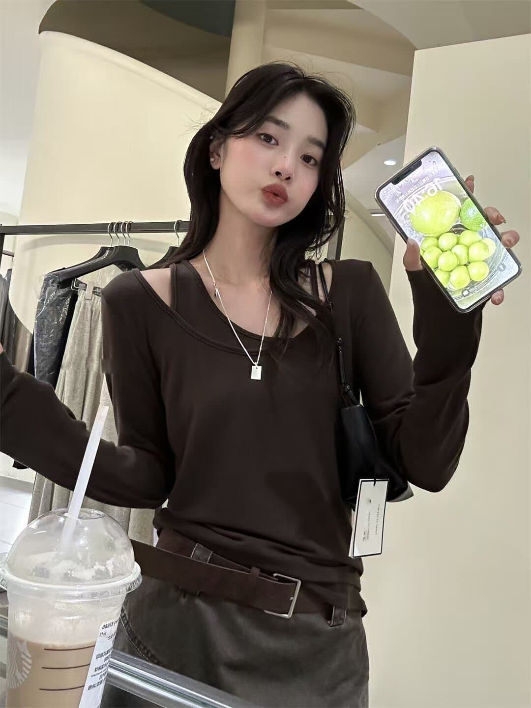 한 부서 불규칙 페이크 레이어드 화이트 긴팔 티셔츠 여성 봄 가을 디자인 센스 고유 한 Chic 인사이드 가져 가라. 만나는 맨위 상세 이미지 8