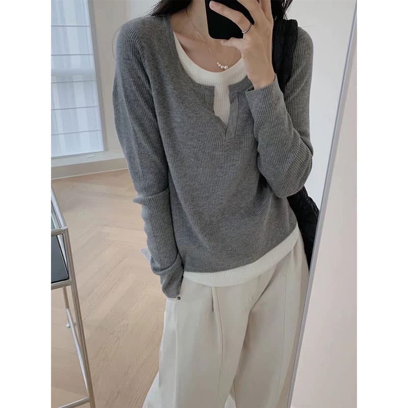 높은 품질 원단 검정색 페이크 레이어드 V넥 인사이드 가져 가라. 가을 몸매 가꾸기 슬림해 보이는 기본 셔츠 긴팔 맨위 이미지 2