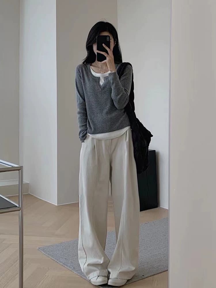 높은 품질 원단 검정색 페이크 레이어드 V넥 인사이드 가져 가라. 가을 몸매 가꾸기 슬림해 보이는 기본 셔츠 긴팔 맨위 상세 이미지 10