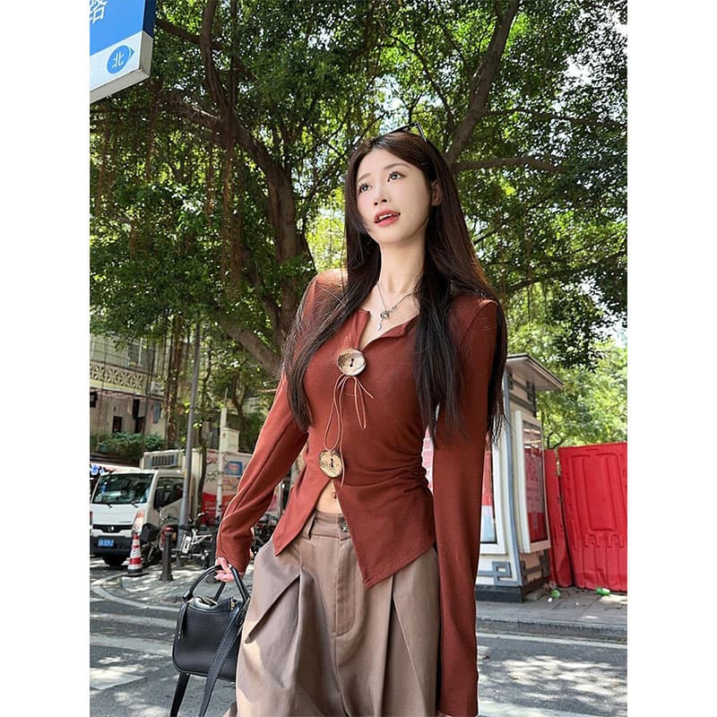 원본 원단 품질 V넥 긴팔 티셔츠 맨위 이른 가을 새로운 레트로 단추 레이스업 작은 셔츠 이미지 2