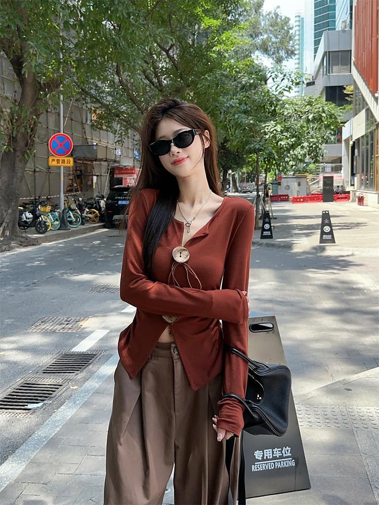원본 원단 품질 V넥 긴팔 티셔츠 맨위 이른 가을 새로운 레트로 단추 레이스업 작은 셔츠 상세 이미지 8